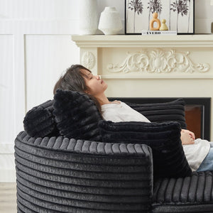 English Elm 55'l Chenille Round Sleeper Chair Fluffy Sculptural Seat for Living Room or Bedroom Black W834P401584