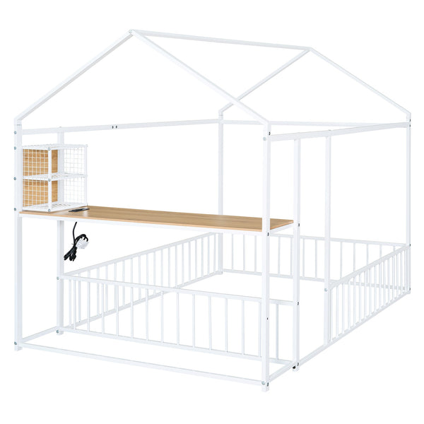 English Elm Full Size Metal House Bed Frame with Desk, Shelves, USB Power Ports & Playful Roof for Kids Room Delight White N737P173491K