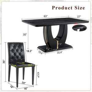 English Elm Black Wood Grain Mdf Dining Set Seats Four with Pu Leather Buckle Chairs Modern W1151S04431
