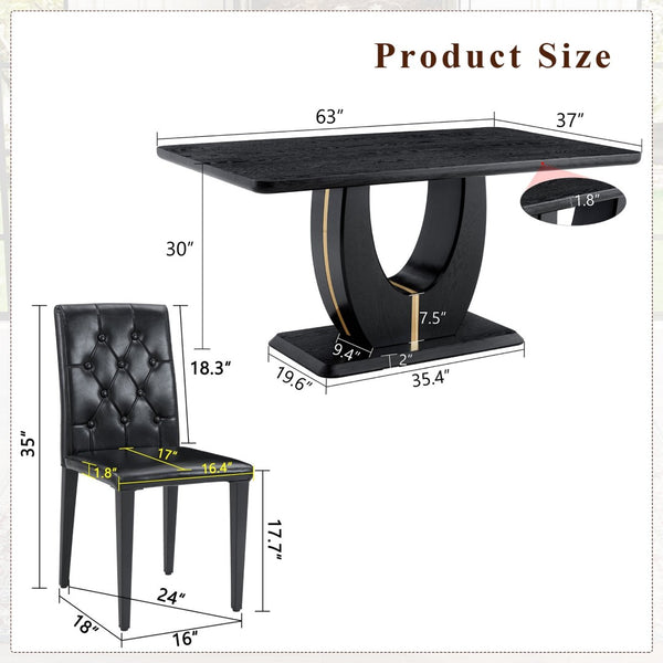 English Elm Black Wood Grain Mdf Dining Set Seats Four with Pu Leather Buckle Chairs Modern W1151S04431