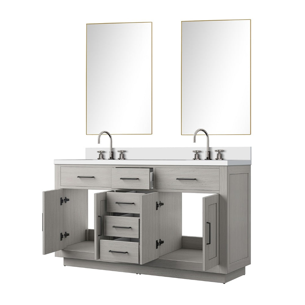 English Elm White Oak Double Bath Vanity Set With White Quartz Top, Frameless Mirror, And Chrome Faucets Included B2731S01696-GIGA