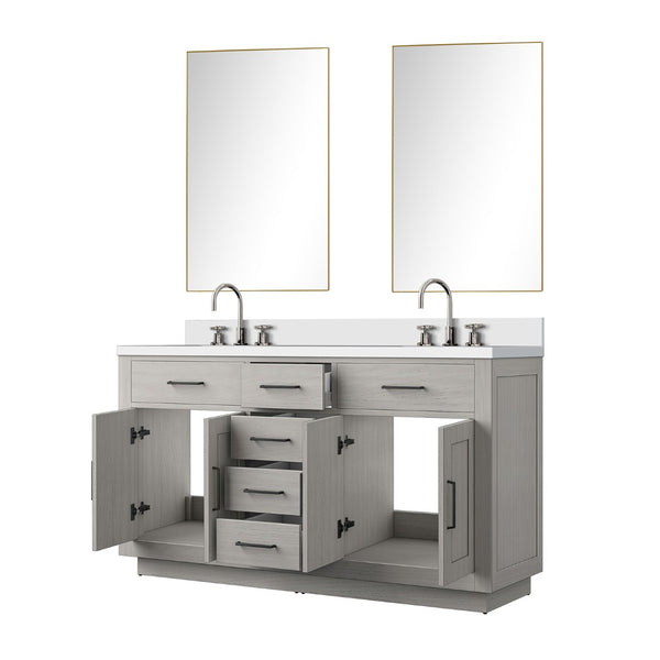 English Elm White Oak Double Bath Vanity Set With White Quartz Top, Frameless Mirror, And Chrome Faucets Included B2731S01696-GIGA