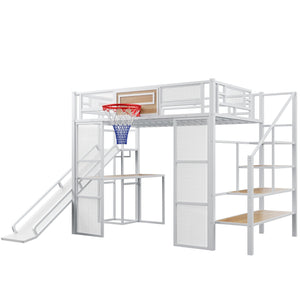 English Elm Full Full Size Metal Loft Bed with Built-In Desk, Slide, Basketball Hoop and Open Wardrobe Storage White GX001524AAK