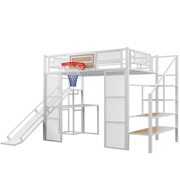 English Elm Full Full Size Metal Loft Bed with Built-In Desk, Slide, Basketball Hoop and Open Wardrobe Storage White GX001524AAK