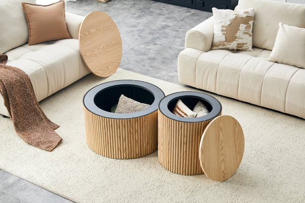 English Elm 2-piece Round Nesting Tables with Fluted Column Base Hidden Storage Oak Grain Finish Wood W3875P396797