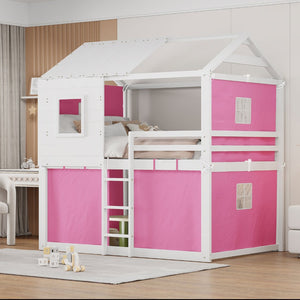 English Elm Full Size Kids Playhouse Bunk Bed Pinewood Frame with Tent Roof and Window Cutouts Pink LT000380AAH-1