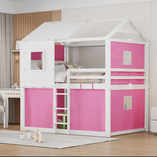 English Elm Full Size Kids Playhouse Bunk Bed Pinewood Frame with Tent Roof and Window Cutouts Pink LT000380AAH-1