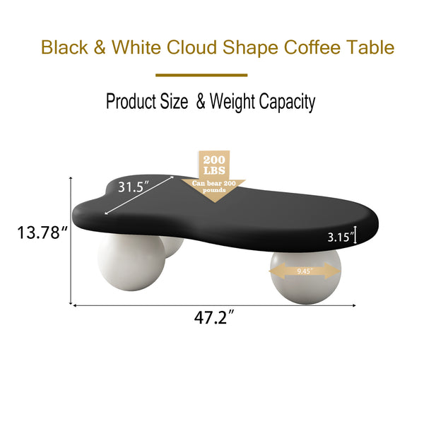 English Elm 47 Inch Cloud-Shaped Coffee Table With 3 Ball Legs - Modern Black & White Design For Living Rooms W1435S00017