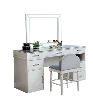 English Elm Contemporary Glam Vanity with Rhinestone Trim and Tempered Glass Top, High Gloss Finish, Illuminated Appeal White 65 L x 25 W x 11 H B2741S00676
