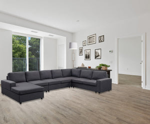 English Elm Hayden Seven Seat Modular Sectional Sofa with Reversible Chaise in Linen Fabric Dark Gray B061S00239