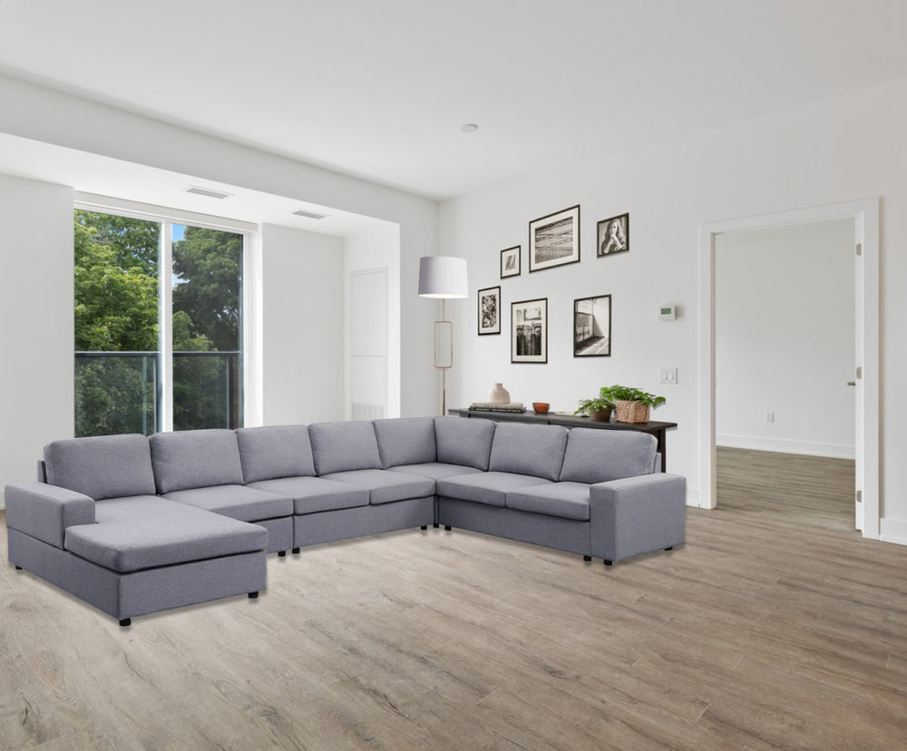 English Elm Hayden Seven Seat Modular Sectional Sofa with Reversible Chaise in Linen Fabric Light Gray B061S00250