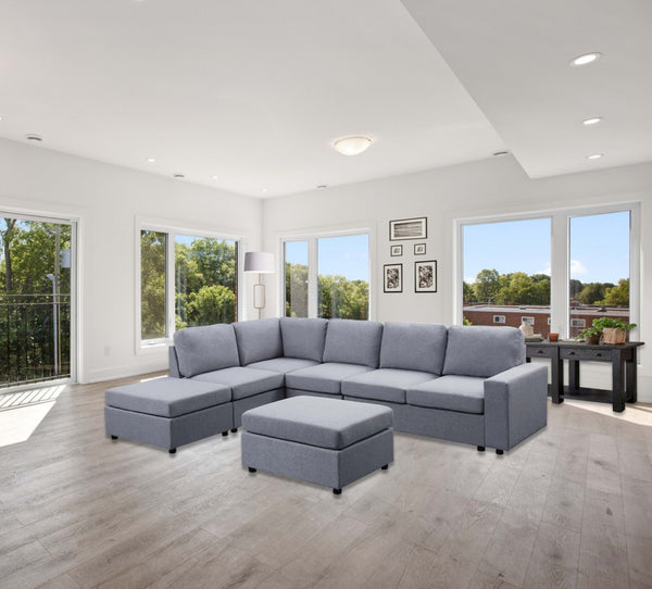 English Elm Marley Seven Seat Linen Sectional with Reversible Ottoman for Open Living Spaces B061S00252