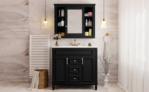 English Elm 36'' Bathroom Vanity with Sink and Mirror Cabinet, Modern MDF & Solid Wood Design, Ceramic Top, Soft-Close Doors Black SW000115AAB-1