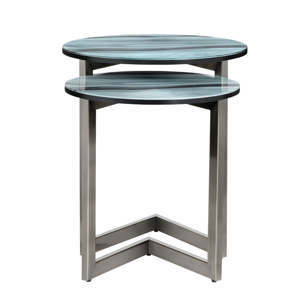 Crestview Collection Contemporary Nesting Accent Tables Set - Modern Round Design With Polished Nickel Base & Unique Aesthetic Green Metal Cvfzr6199