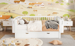 English Elm Twin Kids Platform Bed Solid Pine White Finish with Storage Drawers and Safety Rails White W2593P409116
