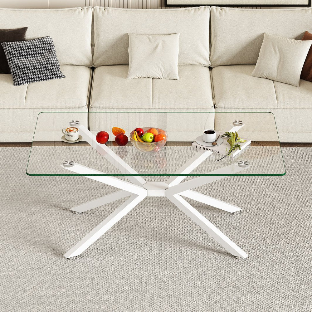 English Elm 39.37" Rectangle Clear Glass Coffee Table With White Metal Legs - Modern Design For Stylish Living Rooms W241P227980