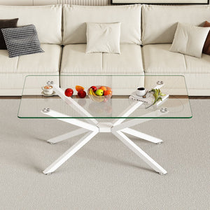 English Elm 39.37" Rectangle Clear Glass Coffee Table With White Metal Legs - Modern Design For Stylish Living Rooms W241P227980