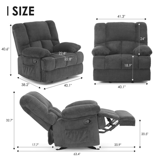 English Elm Oversized Rocking Rocker Recliner Chair with Ergonomic Support, Quick Tool-Free Assembly, Plush Comfort Grey T3623P379954