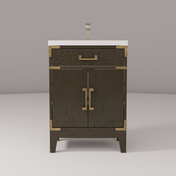 English Elm Brown Oak Single Bath Vanity with Acrylic Top, Chrome Gooseneck Faucet, Soft-Close Cabinet Storage Durable Finish 24"W x 18"D B2731P259742