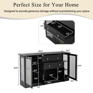 English Elm U-style Modern Buffet Sideboard with Acrylic Doors Power Outlet and Adjustable Storage Black N711P437648B
