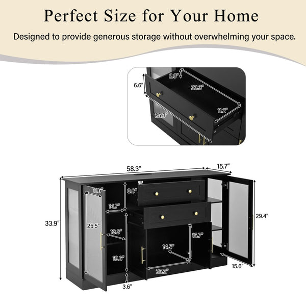 English Elm U-style Modern Buffet Sideboard with Acrylic Doors Power Outlet and Adjustable Storage Black N711P437648B