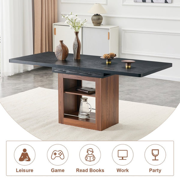 English Elm Scalable Extendable Dining Set Four Chairs Linen Upholstered Walnut Base Modern Walnut+Black W1151S04699