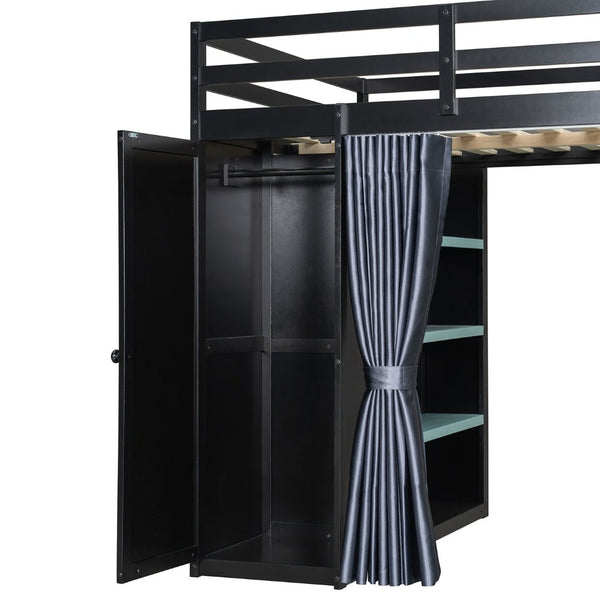 English Elm Full Size Wood Loft Bed with Wardrobe Desk Shelves Rgb Lighting and Blackout Curtains Black+Blue LT000269AAC-1