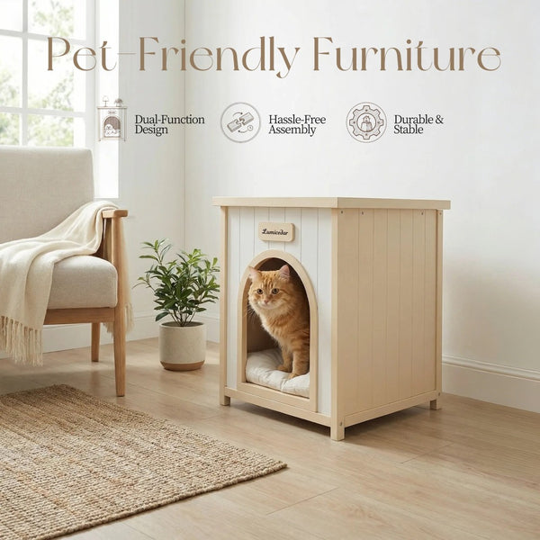 English Elm Modern Solid Cedar Pet House with Flat Roof Side Table for Small Dogs and Cats W3799P382209