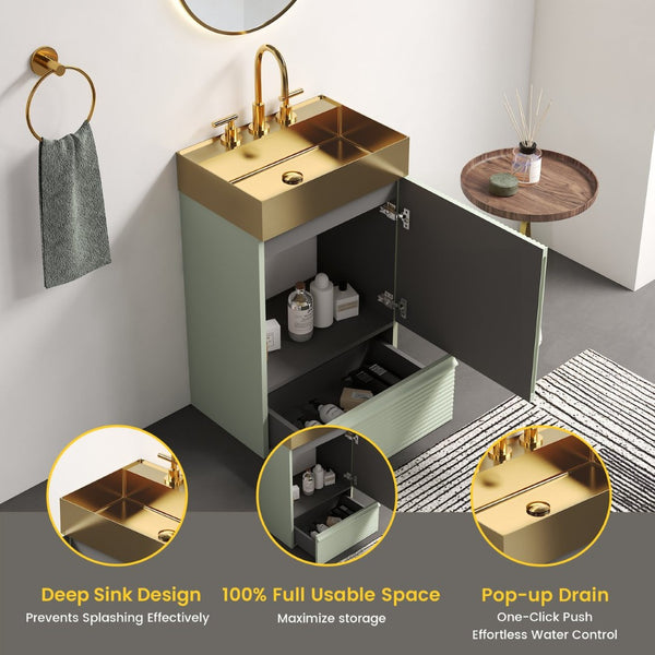 English Elm Gada Fluted Sage Freestanding Bathroom Vanity with Brushed Brass Vessel Sink Cabinet Light Green W1865S00213