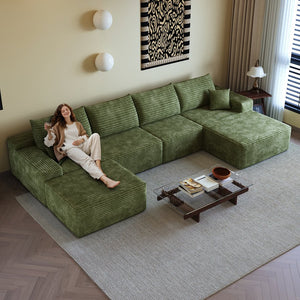 English Elm 135" Cloud Sectional Sofa With Ottoman - Modern U-Shaped Couch In Plush Green Corduroy For Comfort W2824S00128