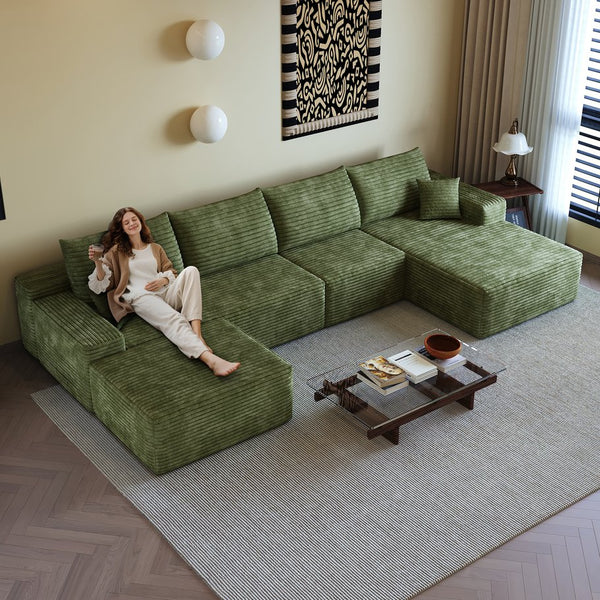 English Elm 135" Cloud Sectional Sofa With Ottoman - Modern U-Shaped Couch In Plush Green Corduroy For Comfort W2824S00128