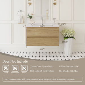 English Elm 36" Floating Wall Mounted Bathroom Vanity with Resin Basin and Soft Close Drawers Oak W1573P152698