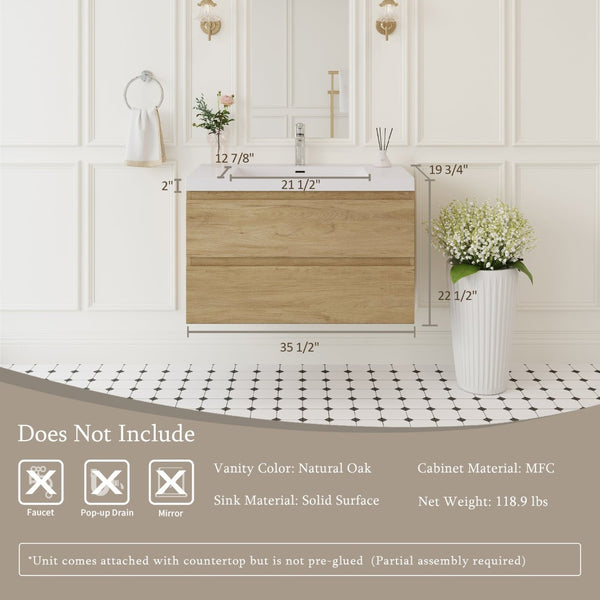 English Elm 36" Floating Wall Mounted Bathroom Vanity with Resin Basin and Soft Close Drawers Oak W1573P152698