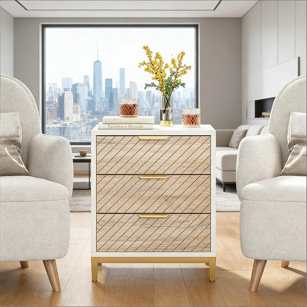 English Elm Versatile 3 Drawer Nightstand with Gold Legs Light Wood Grain Finish Bedroom End Table T3971P448530