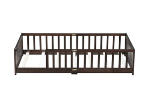 English Elm Twin Low Profile Rubberwood Floor Bed with Full Safety Fence for Toddler Rooms Espresso W504P429337