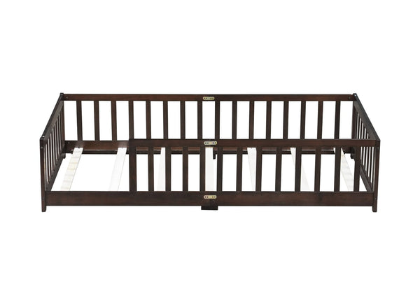 English Elm Twin Low Profile Rubberwood Floor Bed with Full Safety Fence for Toddler Rooms Espresso W504P429337