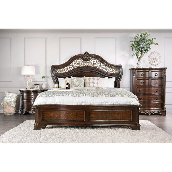 English Elm Genuine Marble Top Nightstand with 2 Drawers, Brown Cherry — Carved Rope Trim, Antique Bronze Pulls B016P251479