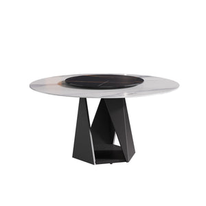 English Elm 59.05" Round Marble Dining Table With Iron Base, 6-8 Person Capacity, Stylish Lazy Susan Turntable W1535S00403