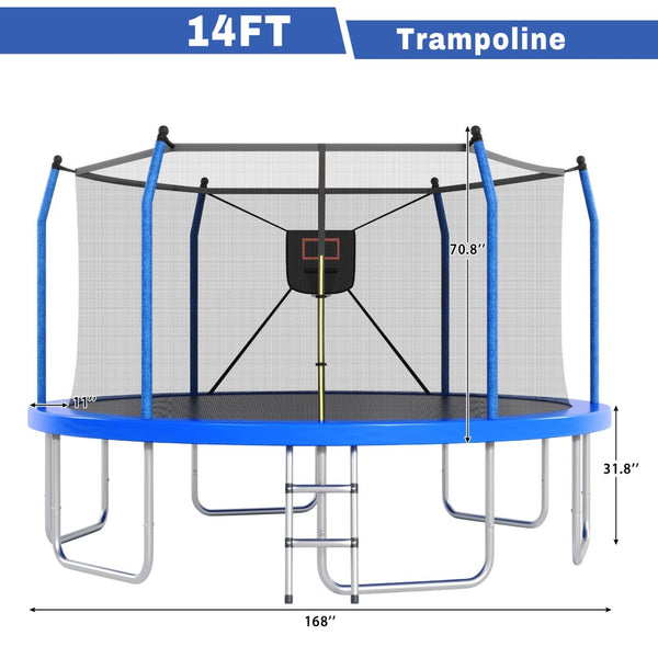English Elm 14ft Backyard Trampoline with Led Lights Basketball Hoop and Galvanized Safety Frame N739P308480C
