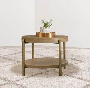 English Elm Round Two Tier Side Table with Rattan Shelf Aged Brass Legs for Living Room Sand B016P469322