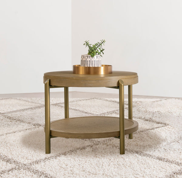 English Elm Round Two Tier Side Table with Rattan Shelf Aged Brass Legs for Living Room Sand B016P469322