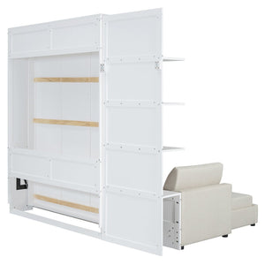 English Elm Queen Wall Bed with Linen Sofa and Open Shelving for Studio or Guest Room LP000592AAK-1