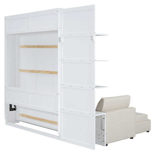 English Elm Queen Wall Bed with Linen Sofa and Open Shelving for Studio or Guest Room LP000592AAK-1