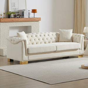 English Elm {video] Tufted Black Velvet Chesterfield Sofa with Gold Studs Three Seat Living Room Beige W1926S00096