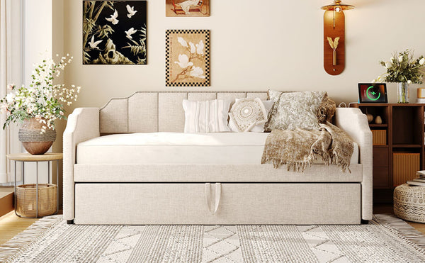 English Elm Twin Linen Upholstered Daybed with Pop up Trundle and Built in Usb Charging Beige SF000199AAA