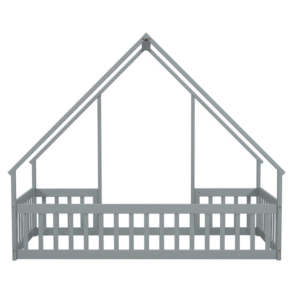 English Elm Twin Wood House-Shaped Floor Bed with Fence and Guardrails – Playful Pine Frame for Imaginative Kids Retreat Grey W504P143289