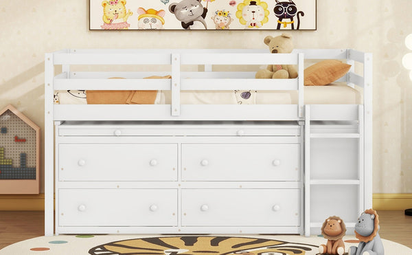 English Elm Twin Loft Bed Pinewood Frame Four Drawers Retractable Study Desk Kids Bedroom White LT000368AAK