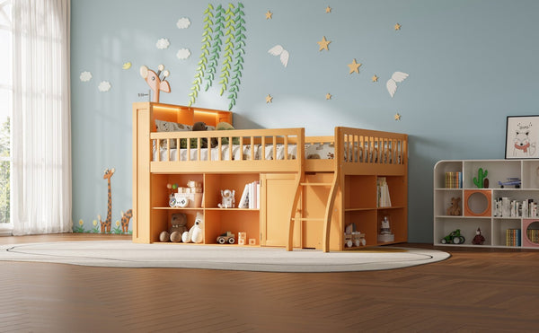 English Elm Full Size Kids Loft Bed with Led Headboard Open Shelving and Natural Wood Frame Natural N7090005024N