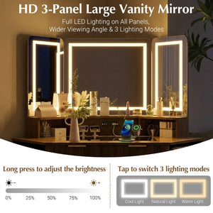English Elm 47.2" Corner Lighted Makeup Vanity with Fluted Panel Tri-fold Mirror and Charging Station Walnut N704P392485P