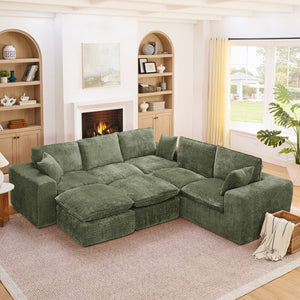 English Elm 107'' Boucle Modular Sectional with Reversible Chaise and Two Ottomans for Living Room Green W1413S00166